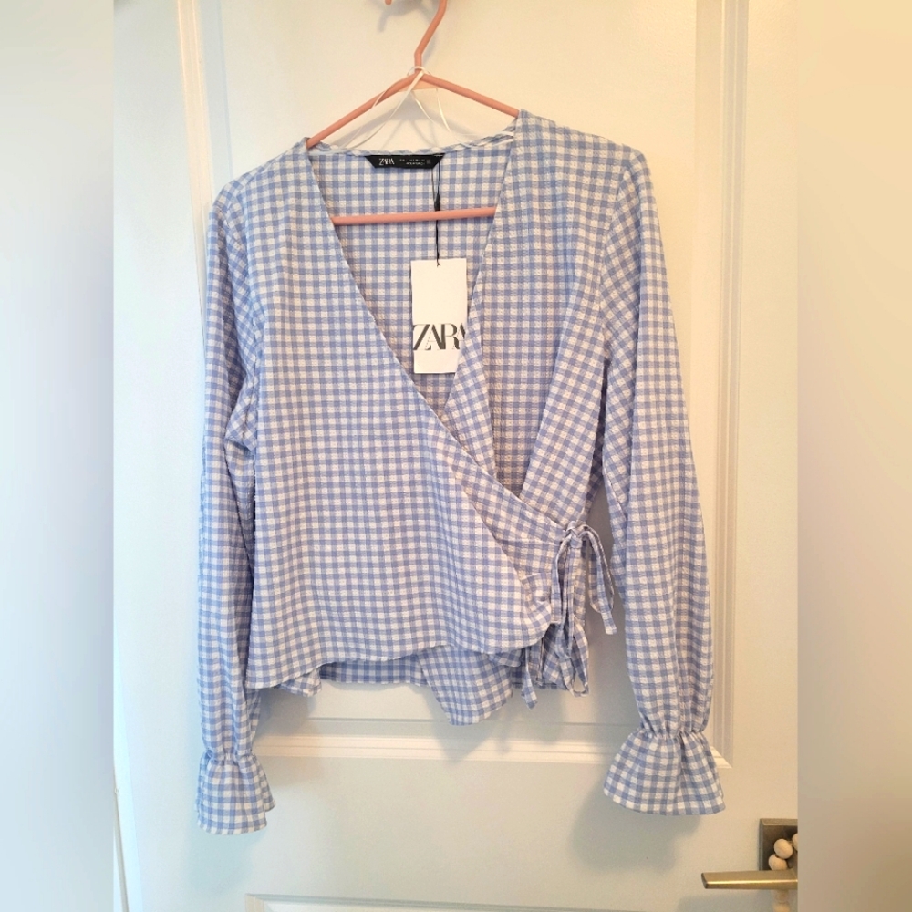 Zara Blue Gingham Wrap Top